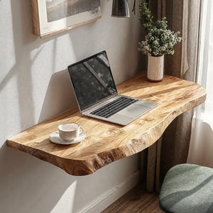 Rustic handmade live edge floating desk Handcrafted wall mounted bracket desk children study table natural wood home office table