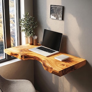 Handcrafted live edge floating desk rustic handmade wall mounted bracket desk children study table natural wood home office table