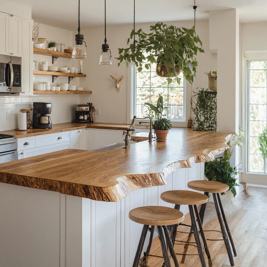 Farmhouse Live Edge Kitchen Furniture Rustic Wooden Kitchen Countertop ...