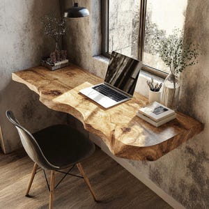 Farmhouse handmade wall mounted bracket desk Handcrafted live edge floating desk rustic children study table natural wood home office table