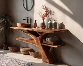 Mid century wood vanity cabinet handmade live edge bathroom vanity farmhouse bathroom storage modern solid wood bathroom decor