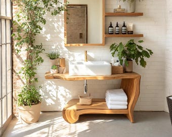 Rustic wood bathroom furniture Handmade sink vanity Mid century vanity console table Solid wood bathroom vanity Handcrafted Side Table