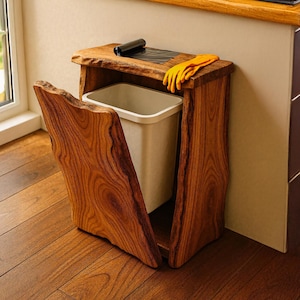 Rustic trash bin farmhouse cabinet tilt out trash can solid wood recycling bin handcrafted natural unique kitchen furniture