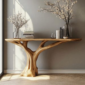 Op de afbeelding: Een houten consoletafel in de vorm van een boomstam met twee takken die zich uitstrekken om de tafelblad te vormen. De tafel is versierd met twee vazen met witte bloemen en een stapel boeken.