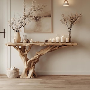 Puede incluir: Una consola rústica de madera con base de tronco de árbol natural. La mesa está adornada con velas blancas, jarrones con flores y una pintura de paisaje enmarcada. Una cesta de mimbre se encuentra en el suelo, complementando la decoración de la habitación.