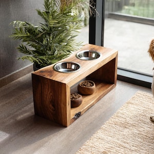 Handcrafted dog double bowl stand reclaimed elevated pet stand farmhouse pet bowl feeder natural wood dog feeding station