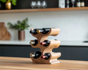 Handcrafted solid wood wine rack countertop rustic wine stand farmhouse wine bottle holder for modern kitchen or home bar decor
