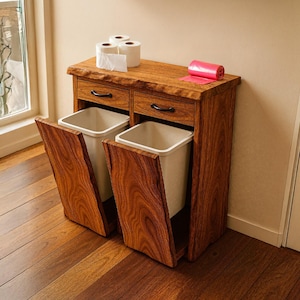 Farmhouse trash bin cabinet Handcrafted double tilt out trash bin natural solid wood trash can rustic recycling bin unique kitchen furniture