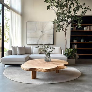 May include: A contemporary living room with a light-coloured sectional sofa, a distinctive wooden coffee table, and a large abstract painting. A round rug and a tree enhance the room's natural aesthetic. The coffee table is approximately 122 cm in diameter.