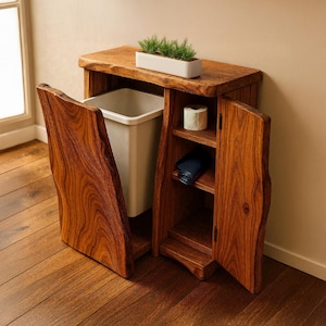 Handcrafted double tilt out trash bin natural solid wood trash can farmhouse trash bin cabinet rustic recycling bin unique kitchen furniture