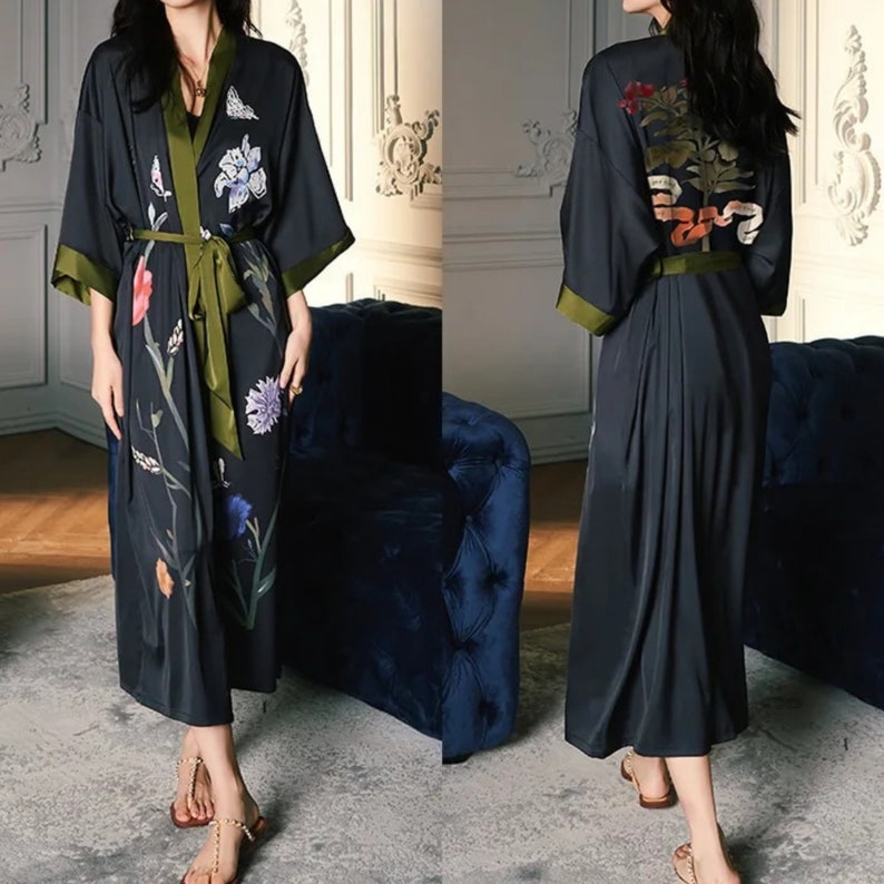 Women Half Sleeve Robe Flower Print Kimono Home Dress Sleepwear Comfortable 7