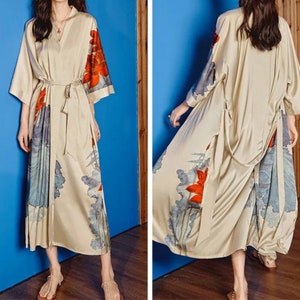 Women Half Sleeve Robe Flower Print Kimono Home Dress Sleepwear Comfortable 9