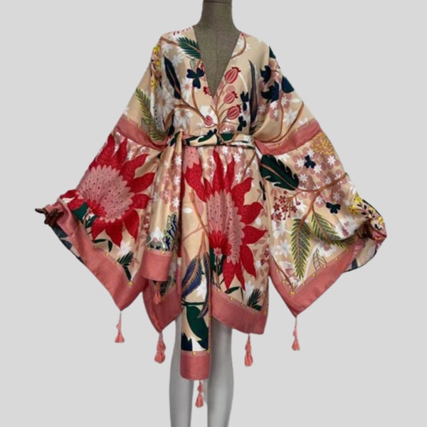 Women Kimono Short Dress | Loose Long Sleeve Mini Robe | Ladies Fashionable Outwear