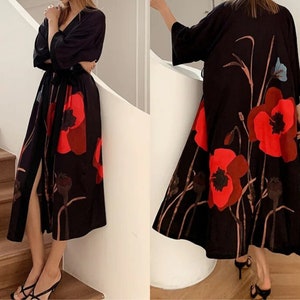 Women Half Sleeve Robe Flower Print Kimono Home Dress Sleepwear Comfortable zdjęcie 2