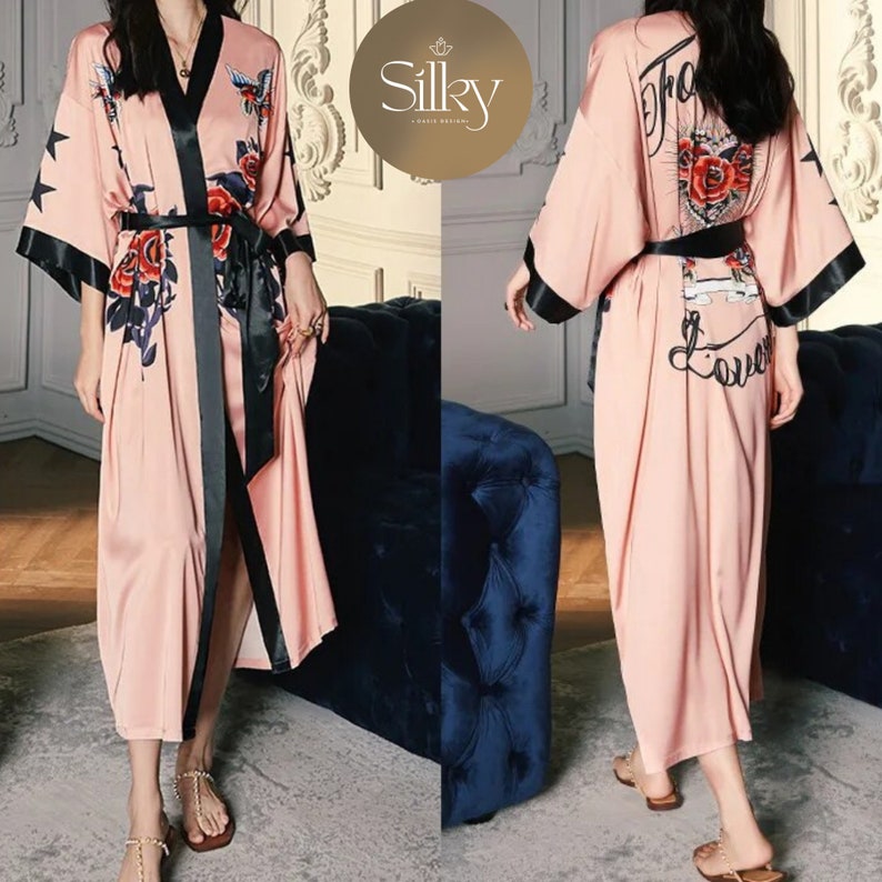 Women Half Sleeve Robe Flower Print Kimono Home Dress Sleepwear Comfortable zdjęcie 1