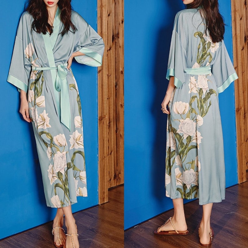 Women Half Sleeve Robe Flower Print Kimono Home Dress Sleepwear Comfortable zdjęcie 6