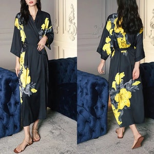 Women Half Sleeve Robe Flower Print Kimono Home Dress Sleepwear Comfortable 8