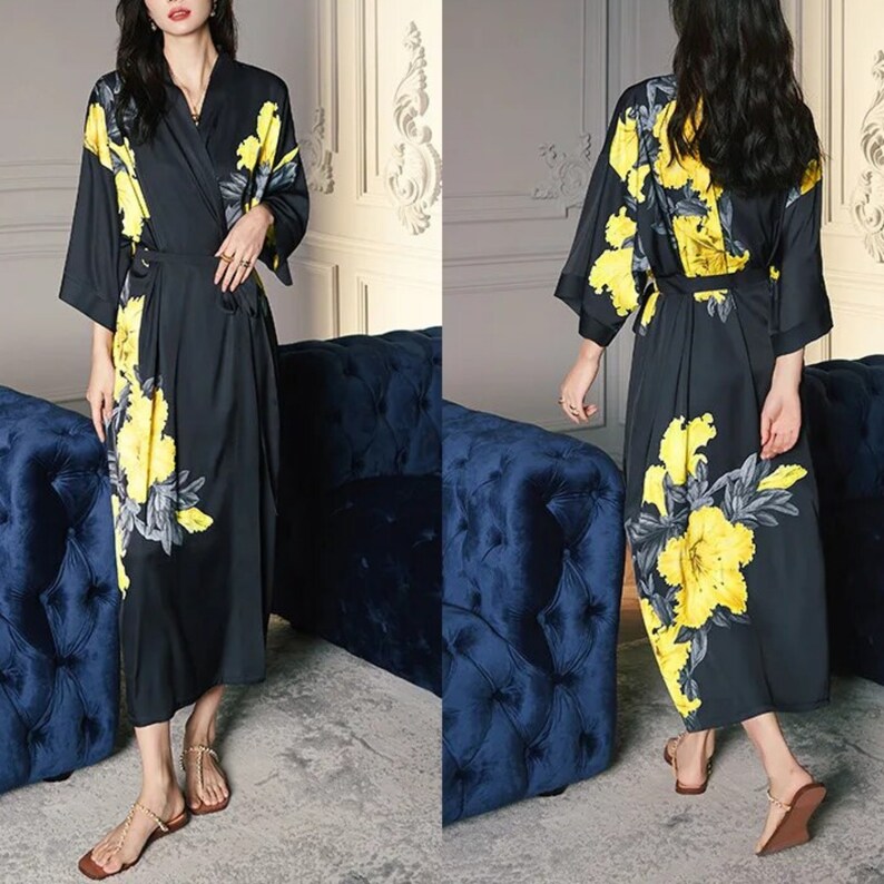 Women Half Sleeve Robe Flower Print Kimono Home Dress Sleepwear Comfortable zdjęcie 8