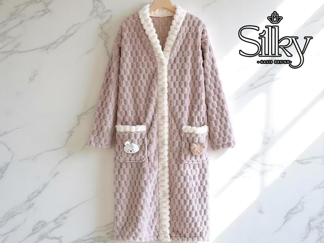 Fluffy Buttoned Robe Cozy Plush Buttoned Robe | Animal Pocket Detail Bathrobe | Soft Winter ...