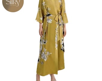 Long-Sleeve Satin Robe | Loose Floral Outerwear | Women's Stylish Clothing