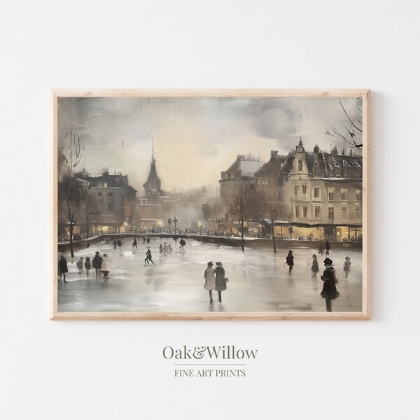 Ice Skating in a French City Winter Frozen Vintage Painting | Antique Print | Oak & Willow Digital Printable | Oil on Canvas Rustic Cottage