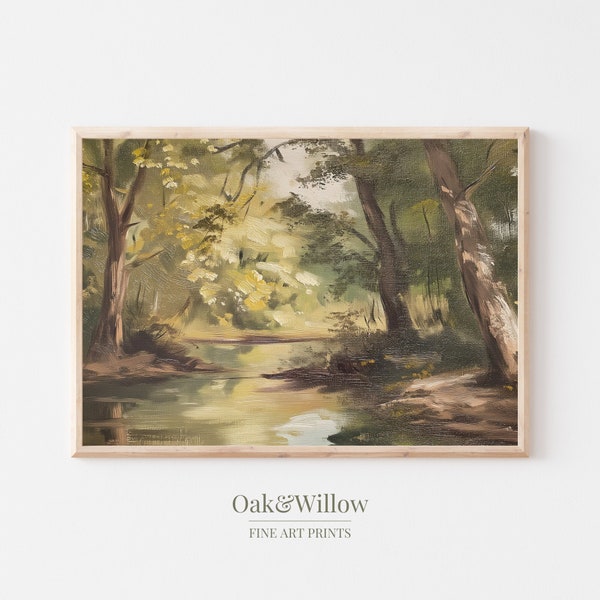 Trees and Creek Landscape Countryside Painting | Antique Paintings | Oak & Willow Digital Printable | Oil on Canvas Rustic Vintage Cottage