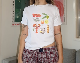 Italian Summer Shirt - Baby Tee | Aperol Spritz Shirt, Mediterranean Scrapbook Collage Shirt, Coastal Seafood Aesthetics, Gifts for her