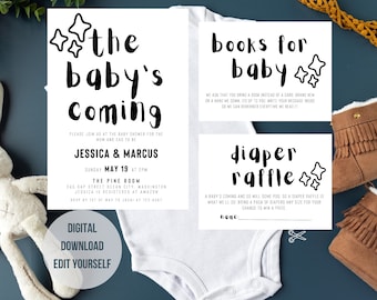 The Baby's Coming Invitation, Modern Shower Invitation, Baby Shower Invitation, Neutral Baby Shower Invite, Books for Baby, Diaper Raffle