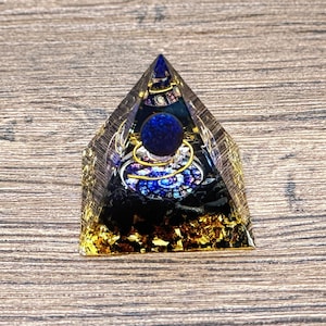 Lapis Lazuli crystal ball Orgonite Pyramid with Obsidian, Handmade Orgonite Pyramid Healing meditator, Home, Office Decor