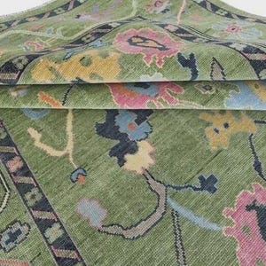 Moss Green Oushak Wool Rug: Hand-Knotted Floral Oriental Carpet