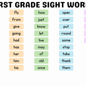 May include: A colorful chart with the title "FIRST GRADE SIGHT WORDS" lists 40 common sight words for first graders. The words are organized into five columns, each with a different color background.