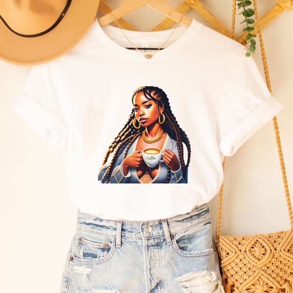 African Woman Coffee Lover Graphic Tee, Stylish Fashion T-Shirt, Unique Bold Print, Urban Chic Casual Wear