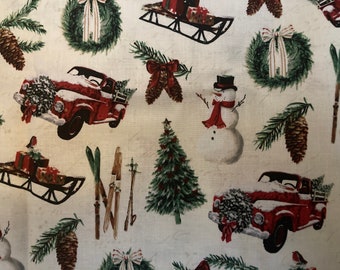 Tissu Noël/camion rouge. Un excellent support pour les panneaux d'hiver/Noël répertoriés ici. Elle ferait une belle tenture murale ou une courtepointe sur les genoux