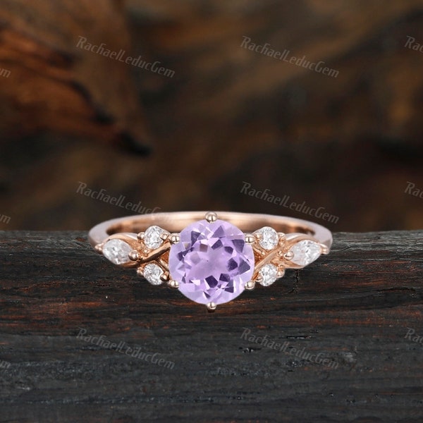 Vintage Amethyst engagement ring Unique Rose gold engagement ring woman Antique Diamond wedding ring Bridal Promise Anniversary ring