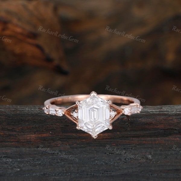 Hexagon cut Moissanite engagement ring Unique Rose gold engagement ring woman Antique Rectangle wedding ring Bridal Promise Anniversary ring