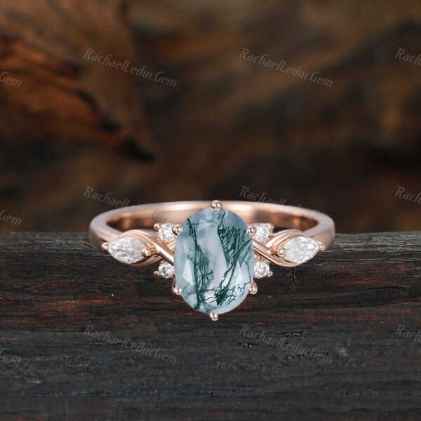 Oval cut Moss Agate engagement ring Unique Rose gold engagement ring woman Antique Diamond wedding ring Bridal Promise Anniversary ring