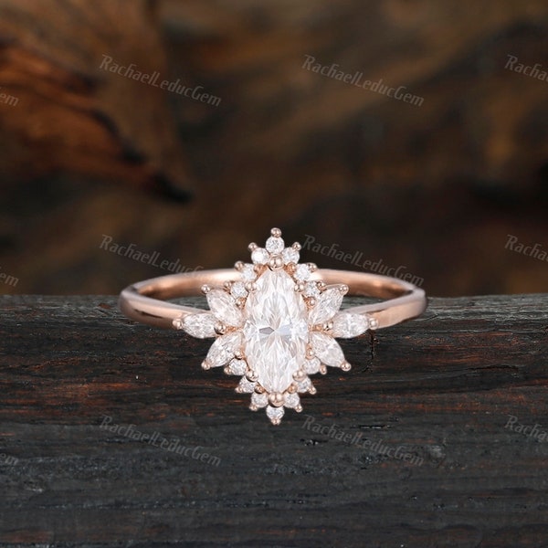 Marquise cut Moissanite ring Unique Rose gold engagement ring vintage Cluster ring Art deco ring wedding Bridal Promise Anniversary ring