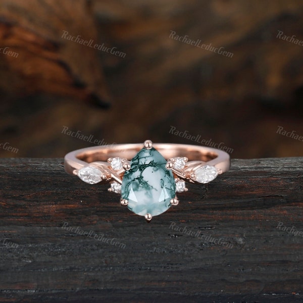 Pear Shaped Moss Agate engagement ring Unique Rose gold Marquise ring woman Antique Diamond wedding ring Bridal Promise Anniversary ring