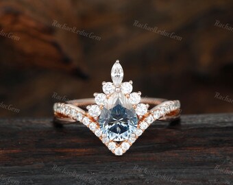 Stacking Engagement Ring Unique Pear Cut 6 x 8 mm Blue Moissanite Wedding Ring Vintage Anniversary Ring Blue Gems Delicate Women Promise Ring