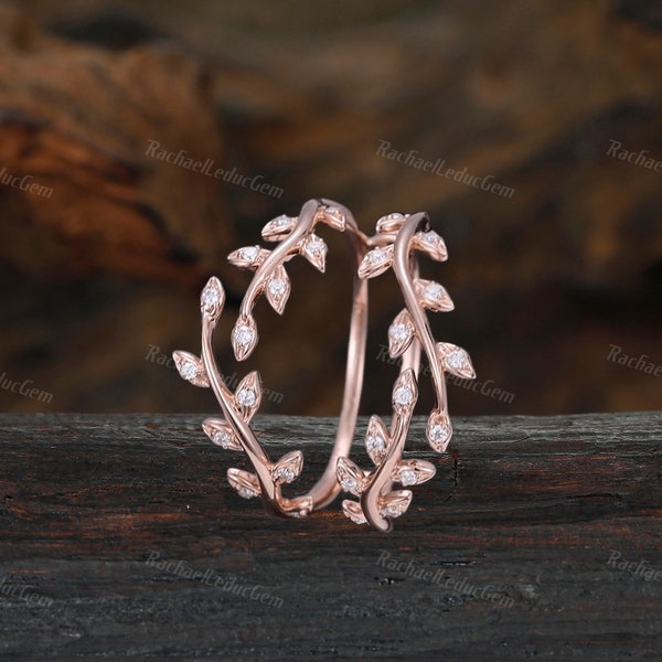Unique Leaf Moissanite Curved Wedding band Vintage Twig Rose gold wedding band woman Diamond Matching Stackable Promise Anniversary ring