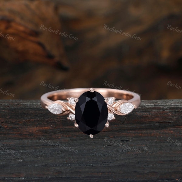 Oval cut Black onyx engagement ring Unique Rose gold engagement ring woman Antique Diamond wedding ring Bridal Promise Anniversary ring