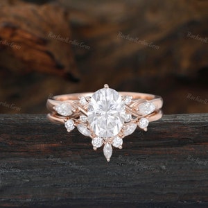 Oval Moissanite engagement ring woman Unique Rose gold engagement ring set twig Marquise Diamond wedding Bridal set Promise Anniversary gift