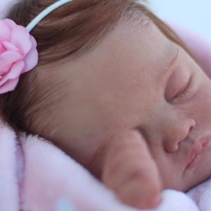 Puede incluir: Un mu&ntilde;eco beb&eacute; durmiendo con una diadema de flores rosas y una manta rosa.