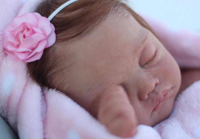 Puede incluir: Un mu&ntilde;eco beb&eacute; durmiendo con una diadema de flores rosas y una manta rosa.