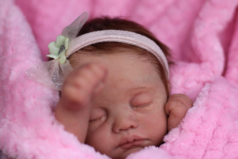 Puede incluir: Un mu&ntilde;eco beb&eacute; durmiendo con cabello casta&ntilde;o que lleva una diadema blanca con un adorno de flor verde. El mu&ntilde;eco est&aacute; acostado sobre una manta rosa peluda.