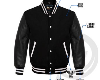 Varsity Letterman Baseball in Black Wool and Genuine Black Leather Sleeves with white ribs College Jacket XS ~ 7XL Sizes