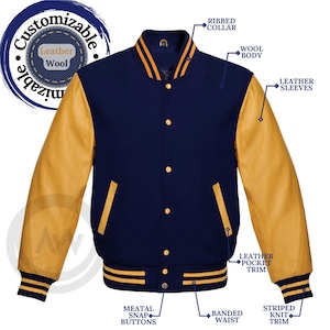 Chaqueta de béisbol Varsity Letterman de lana azul marino y mangas de cuero genuino amarillo, tallas XS a 7XL