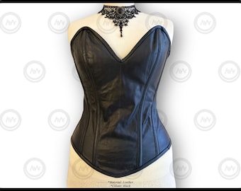 Handmade Black Leather Overbust Corset: Steel Boned Waist Cincher