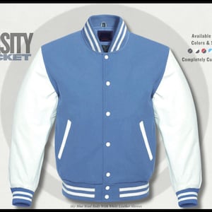Giacca universitaria in lana blu: maniche in vera pelle, stile College Letterman