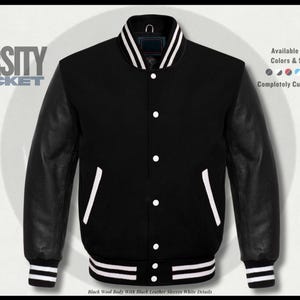 Black Wool Varsity Jacket: Genuine Leather Sleeves, College Letterman